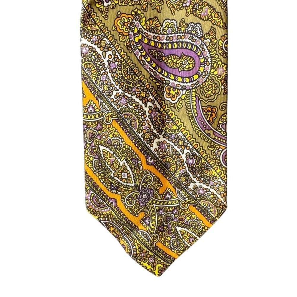 Vintage Filenes Mens Paisley Tie Mustard Yellow Orange Purple Acetate Retro 70s
